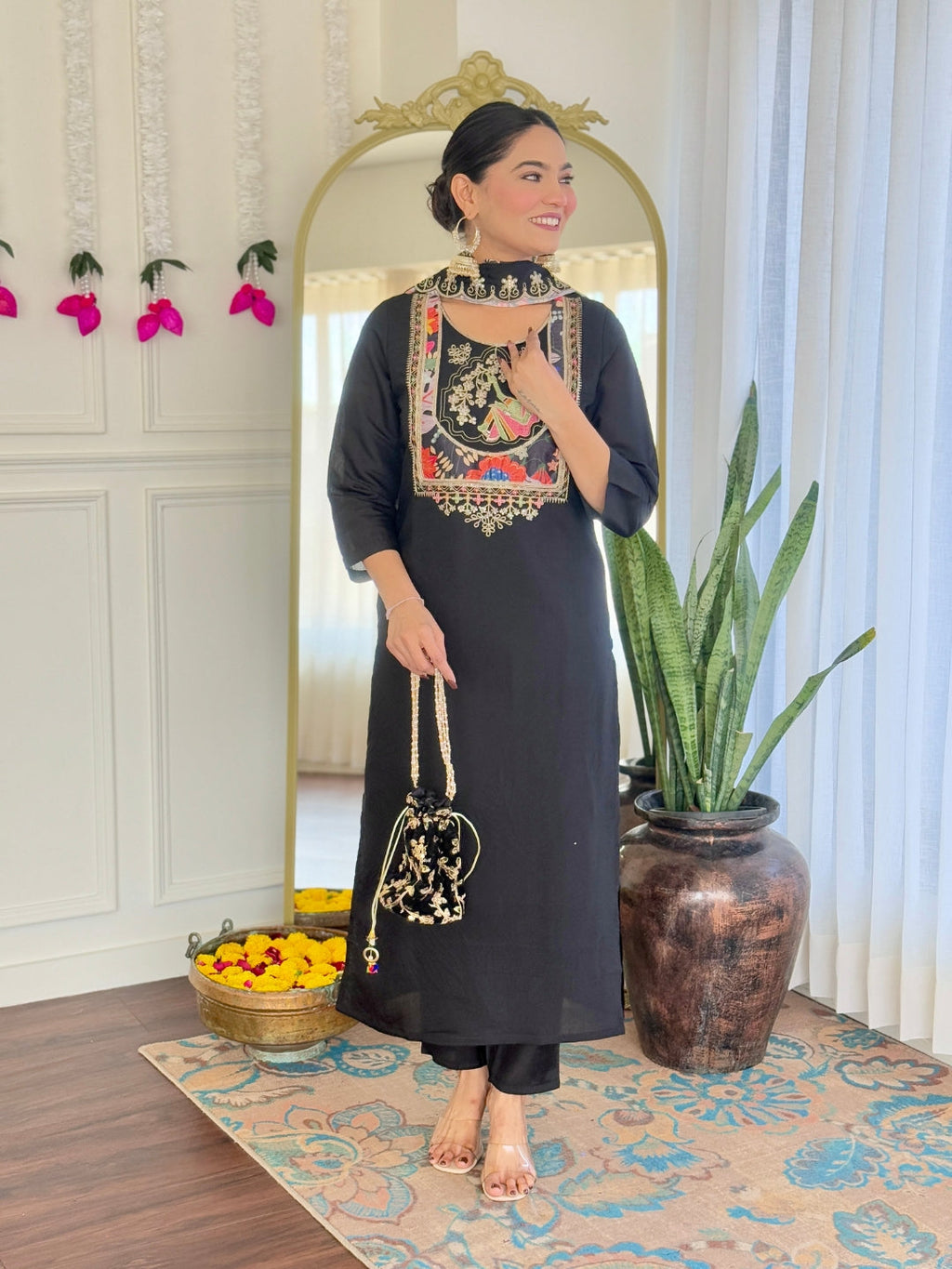 Teeya Creation Black Color Viscose Chanderi Embroidery Work Fully Stitched Kurti Set | Grocsy