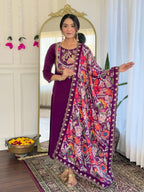Teeya Creation Wine Color Viscose Chanderi Embroidery Work Fully Stitched Kurti Set | Grocsy