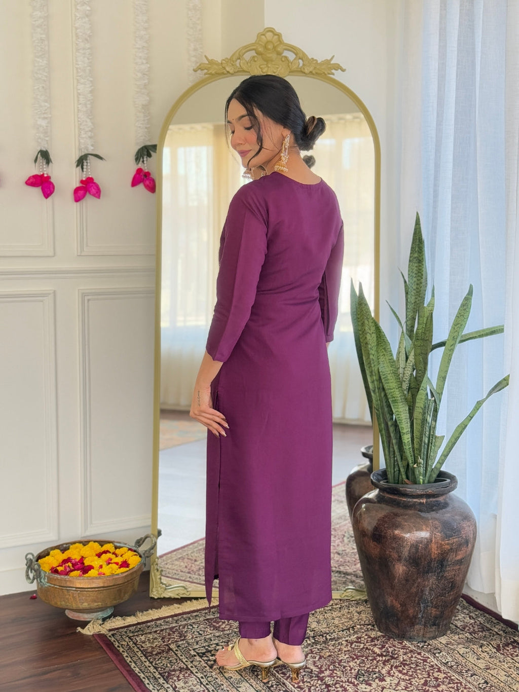Teeya Creation Wine Color Viscose Chanderi Embroidery Work Fully Stitched Kurti Set | Grocsy