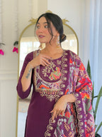 Teeya Creation Wine Color Viscose Chanderi Embroidery Work Fully Stitched Kurti Set | Grocsy