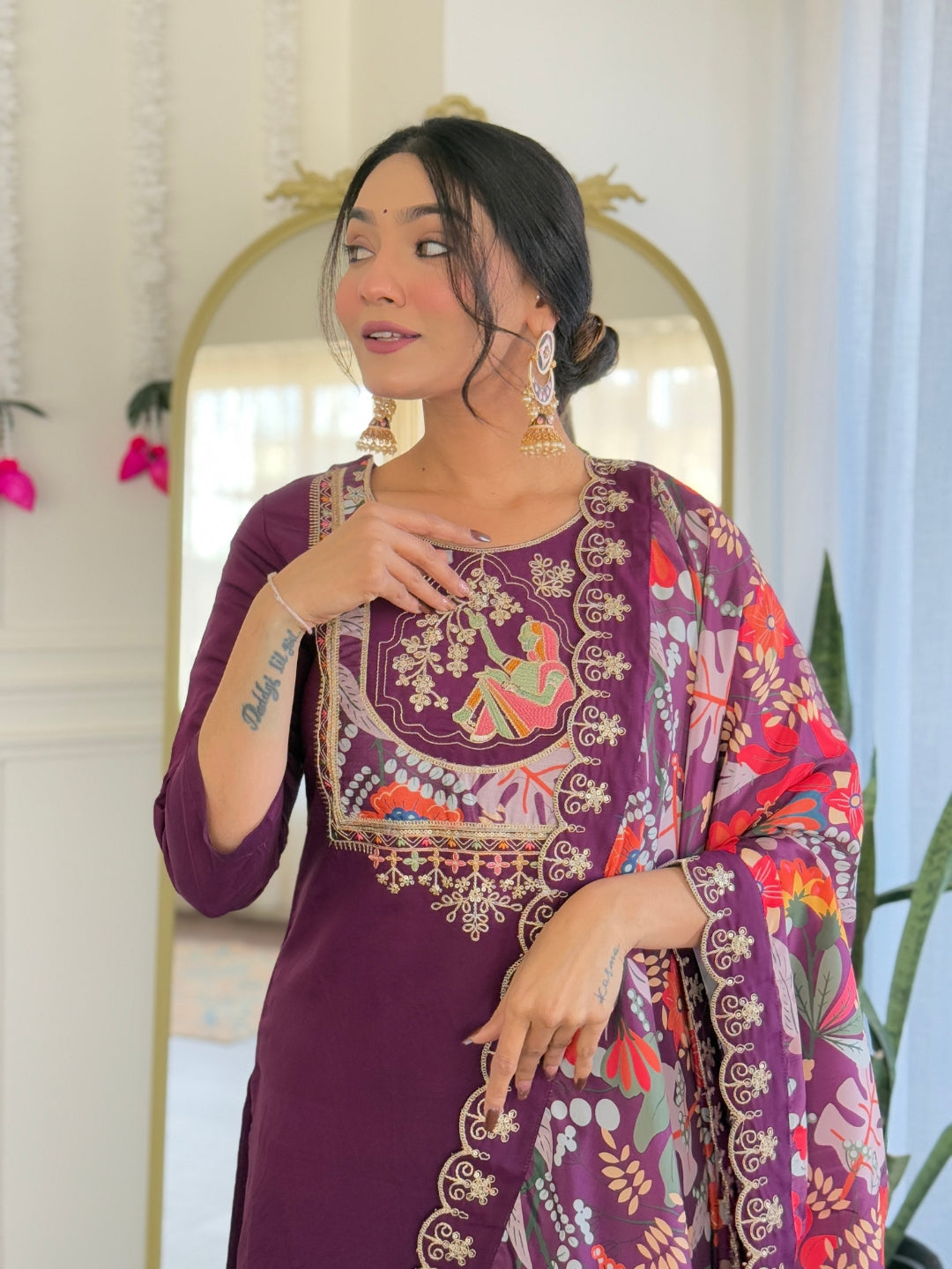 Teeya Creation Wine Color Viscose Chanderi Embroidery Work Fully Stitched Kurti Set | Grocsy