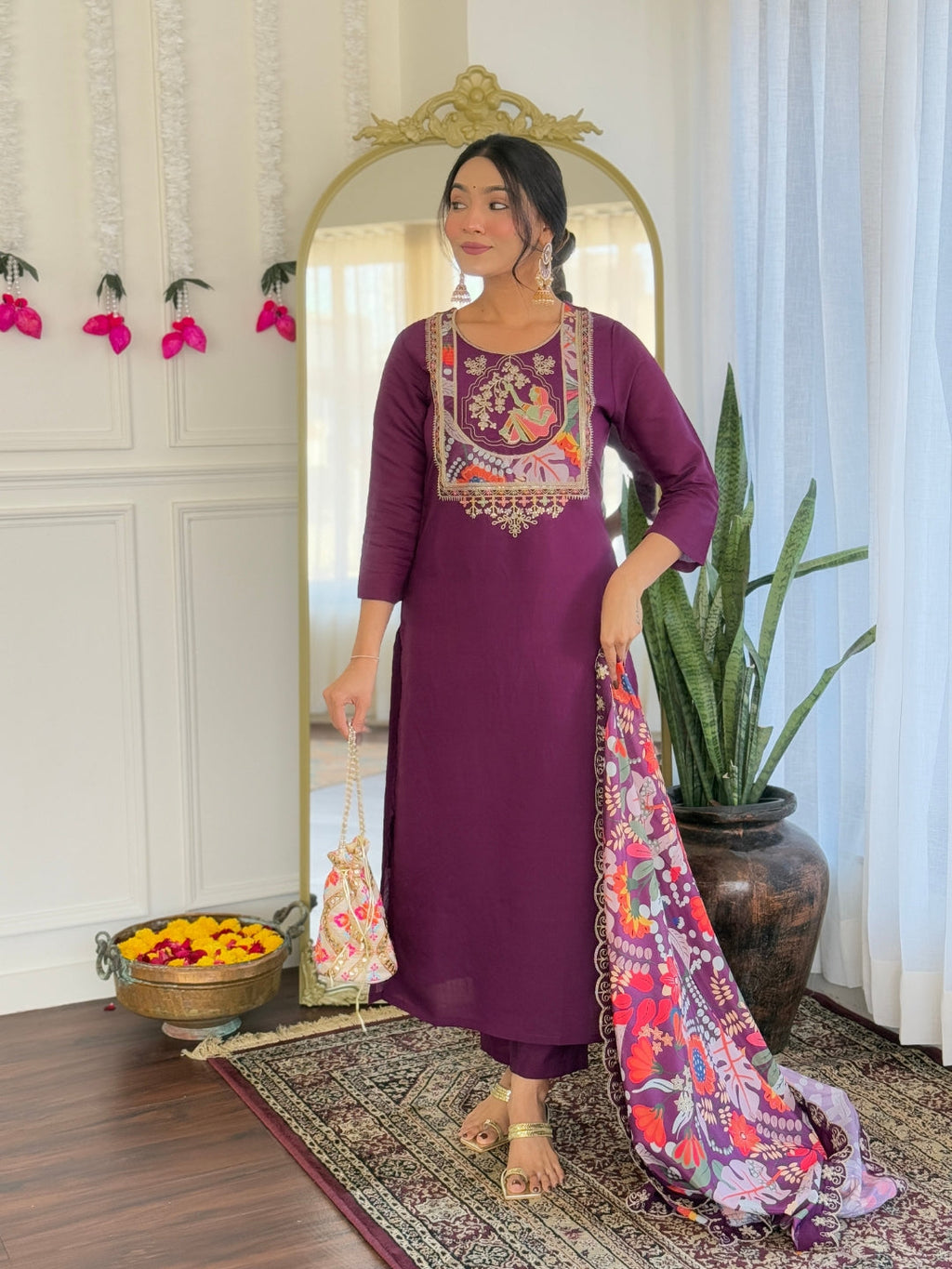 Teeya Creation Wine Color Viscose Chanderi Embroidery Work Fully Stitched Kurti Set | Grocsy