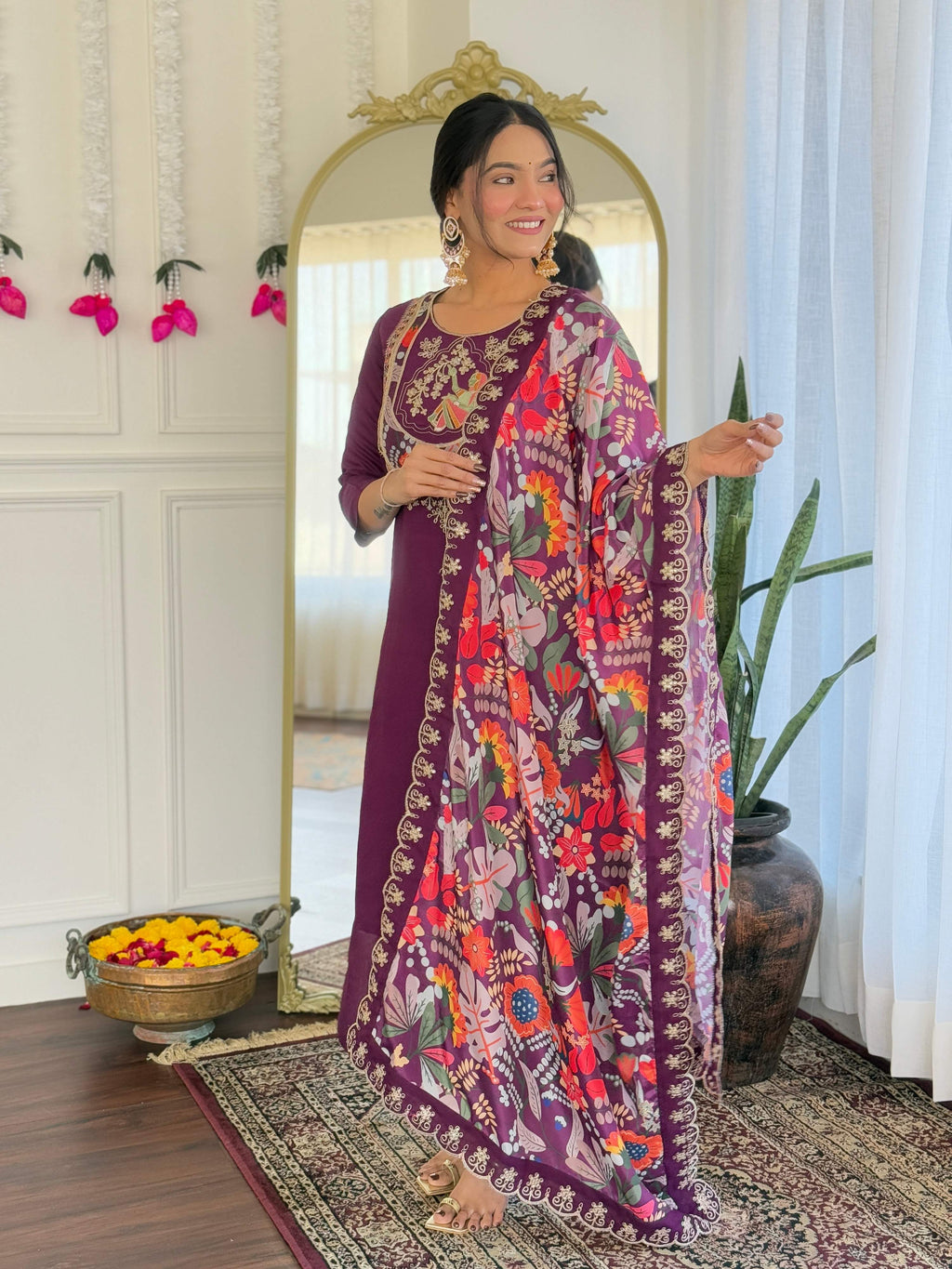 Teeya Creation Wine Color Viscose Chanderi Embroidery Work Fully Stitched Kurti Set | Grocsy