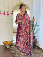Teeya Creation Wine Color Viscose Chanderi Embroidery Work Fully Stitched Kurti Set | Grocsy