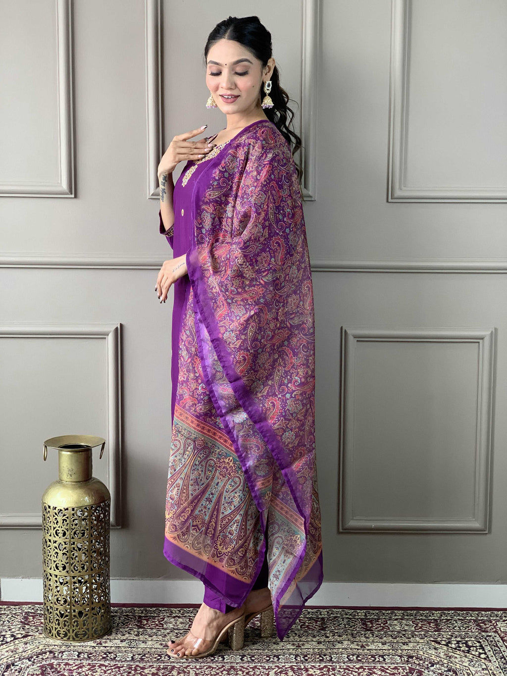 Teeya Creation Purple Color Rayon Slub Embroidery Work Fully Stitched Kurti Set | Grocsy