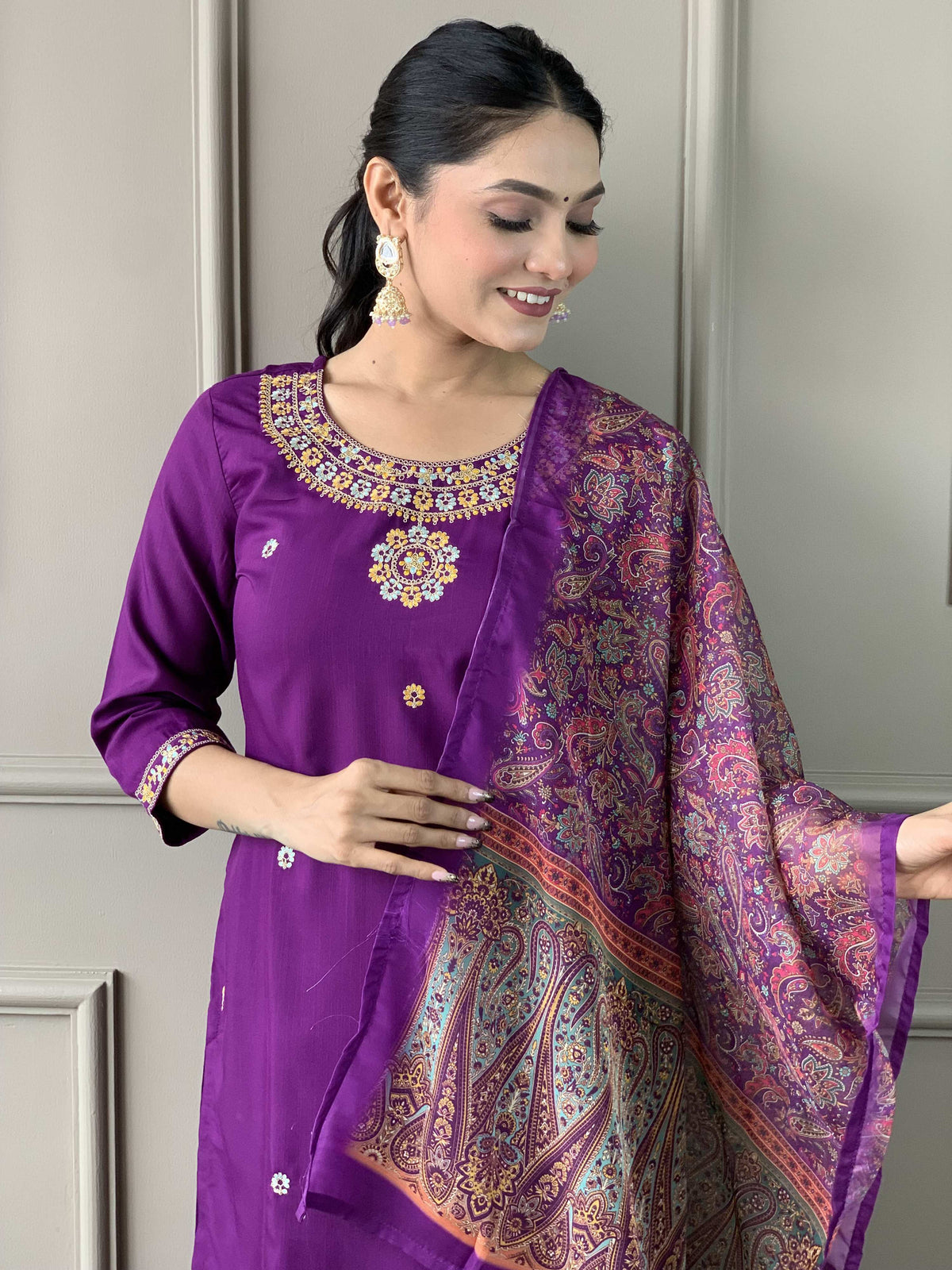 Teeya Creation Purple Color Rayon Slub Embroidery Work Fully Stitched Kurti Set | Grocsy