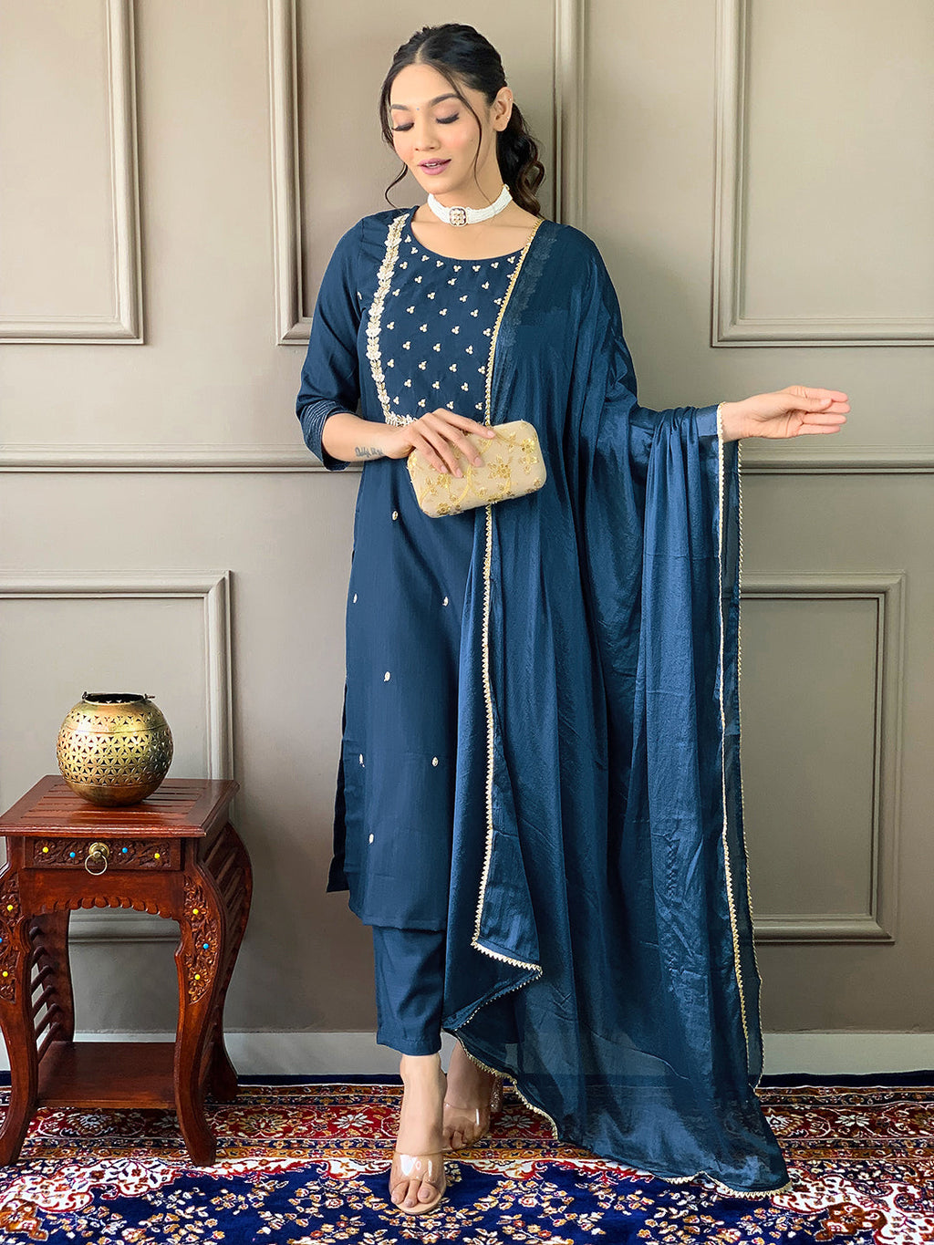 Teeya Creation Blue Color Rayon Slub Embroidery Work Fully Stitched Kurti Set | Grocsy