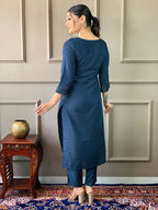 Teeya Creation Blue Color Rayon Slub Embroidery Work Fully Stitched Kurti Set | Grocsy