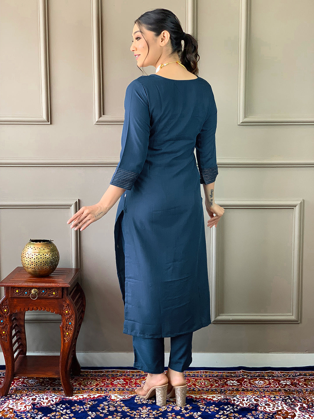 Teeya Creation Blue Color Rayon Slub Embroidery Work Fully Stitched Kurti Set | Grocsy