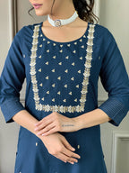 Teeya Creation Blue Color Rayon Slub Embroidery Work Fully Stitched Kurti Set | Grocsy