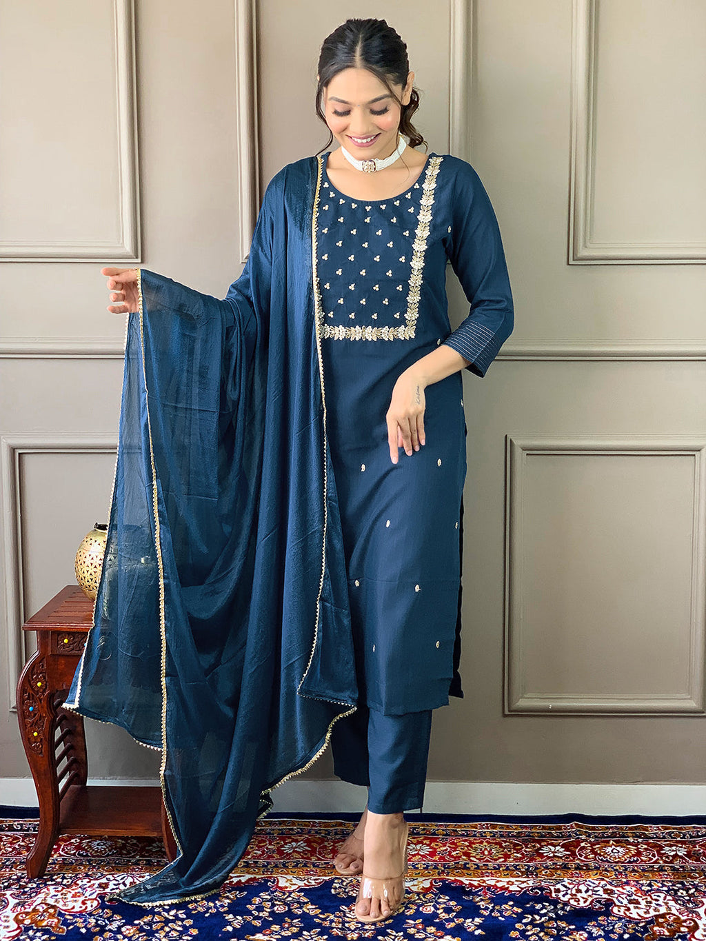 Teeya Creation Blue Color Rayon Slub Embroidery Work Fully Stitched Kurti Set | Grocsy