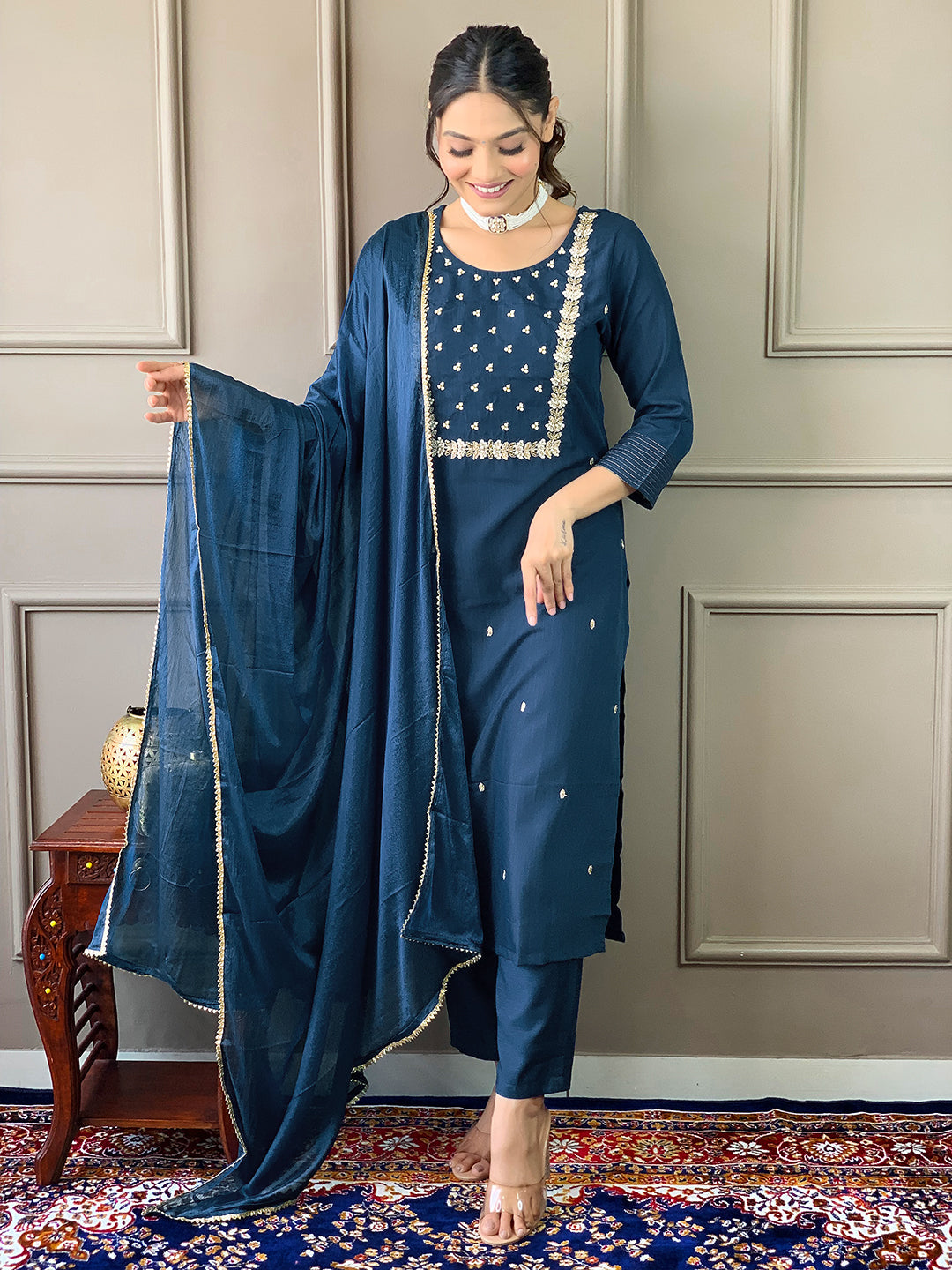 Teeya Creation Blue Color Rayon Slub Embroidery Work Fully Stitched Kurti Set | Grocsy
