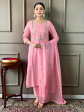 Teeya Creation Baby Pink Color Rayon Slub Embroidery Work Fully Stitched Kurti Set | Grocsy