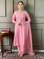 Teeya Creation Baby Pink Color Rayon Slub Embroidery Work Fully Stitched Kurti Set | Grocsy