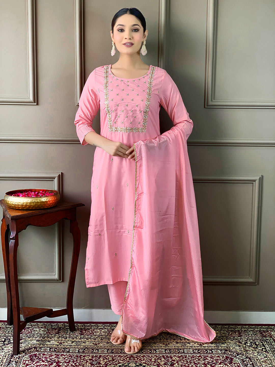 Teeya Creation Baby Pink Color Rayon Slub Embroidery Work Fully Stitched Kurti Set | Grocsy