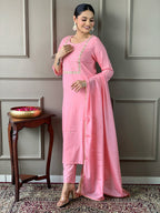 Teeya Creation Baby Pink Color Rayon Slub Embroidery Work Fully Stitched Kurti Set | Grocsy