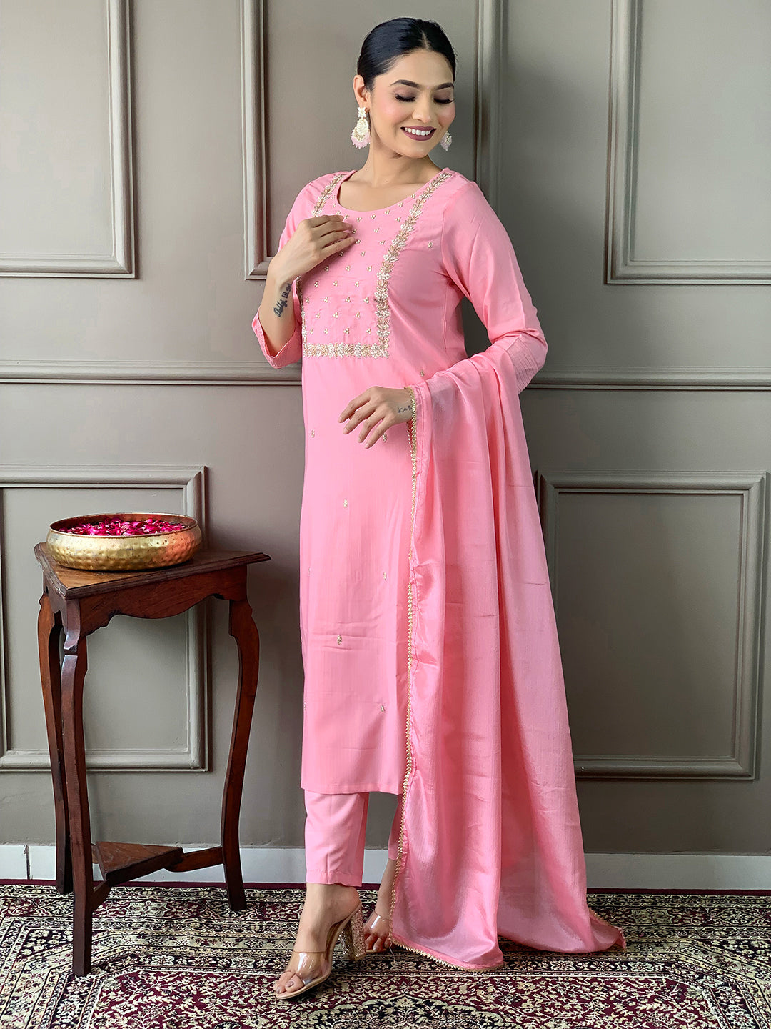 Teeya Creation Baby Pink Color Rayon Slub Embroidery Work Fully Stitched Kurti Set | Grocsy