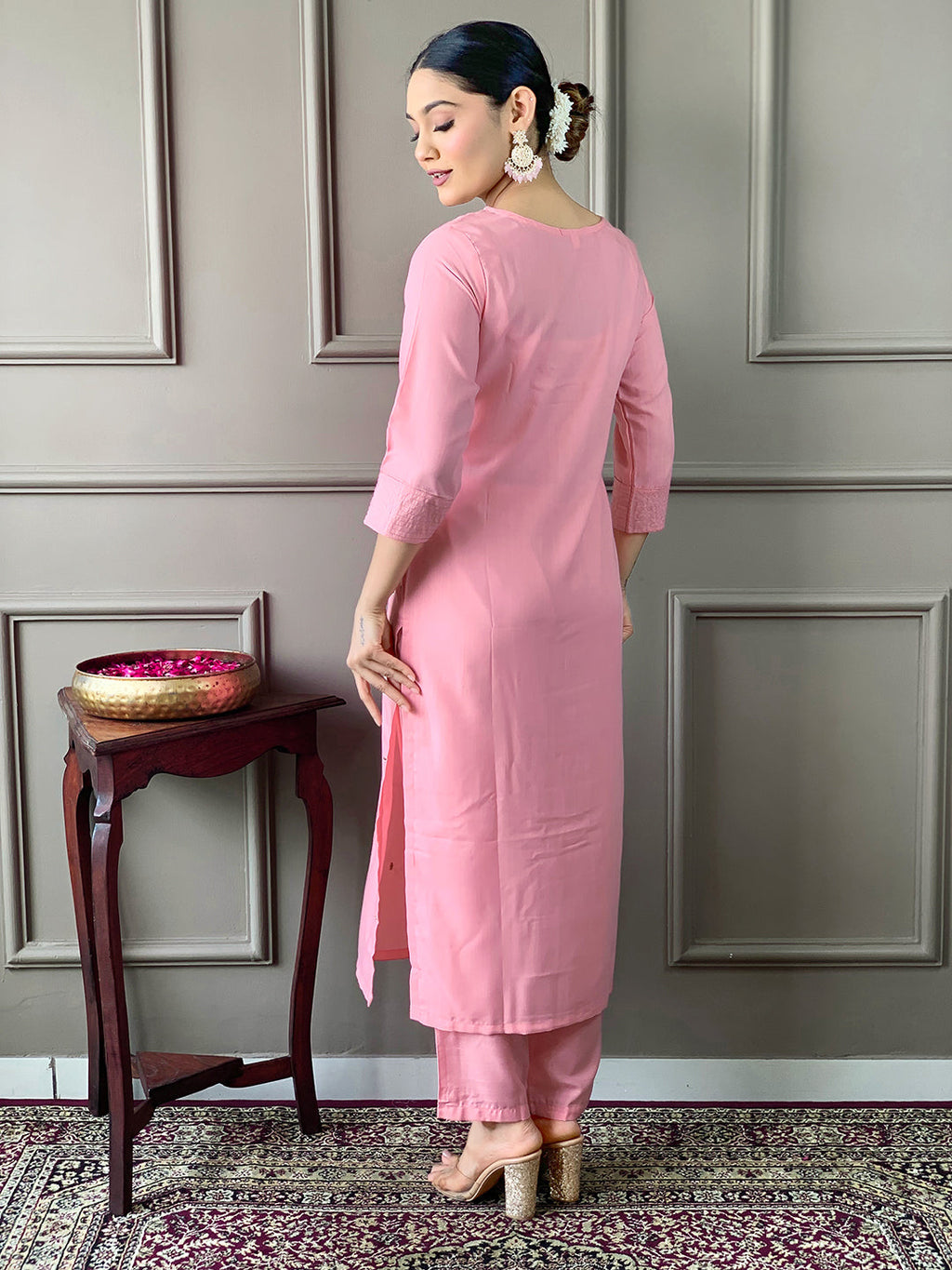 Teeya Creation Baby Pink Color Rayon Slub Embroidery Work Fully Stitched Kurti Set | Grocsy