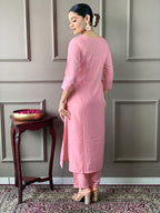 Teeya Creation Baby Pink Color Rayon Slub Embroidery Work Fully Stitched Kurti Set | Grocsy