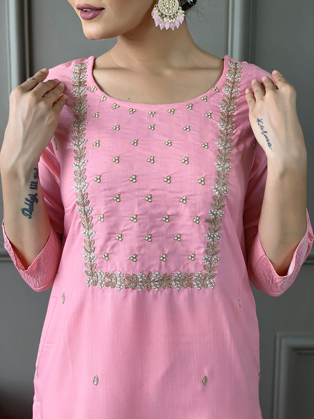 Teeya Creation Baby Pink Color Rayon Slub Embroidery Work Fully Stitched Kurti Set | Grocsy