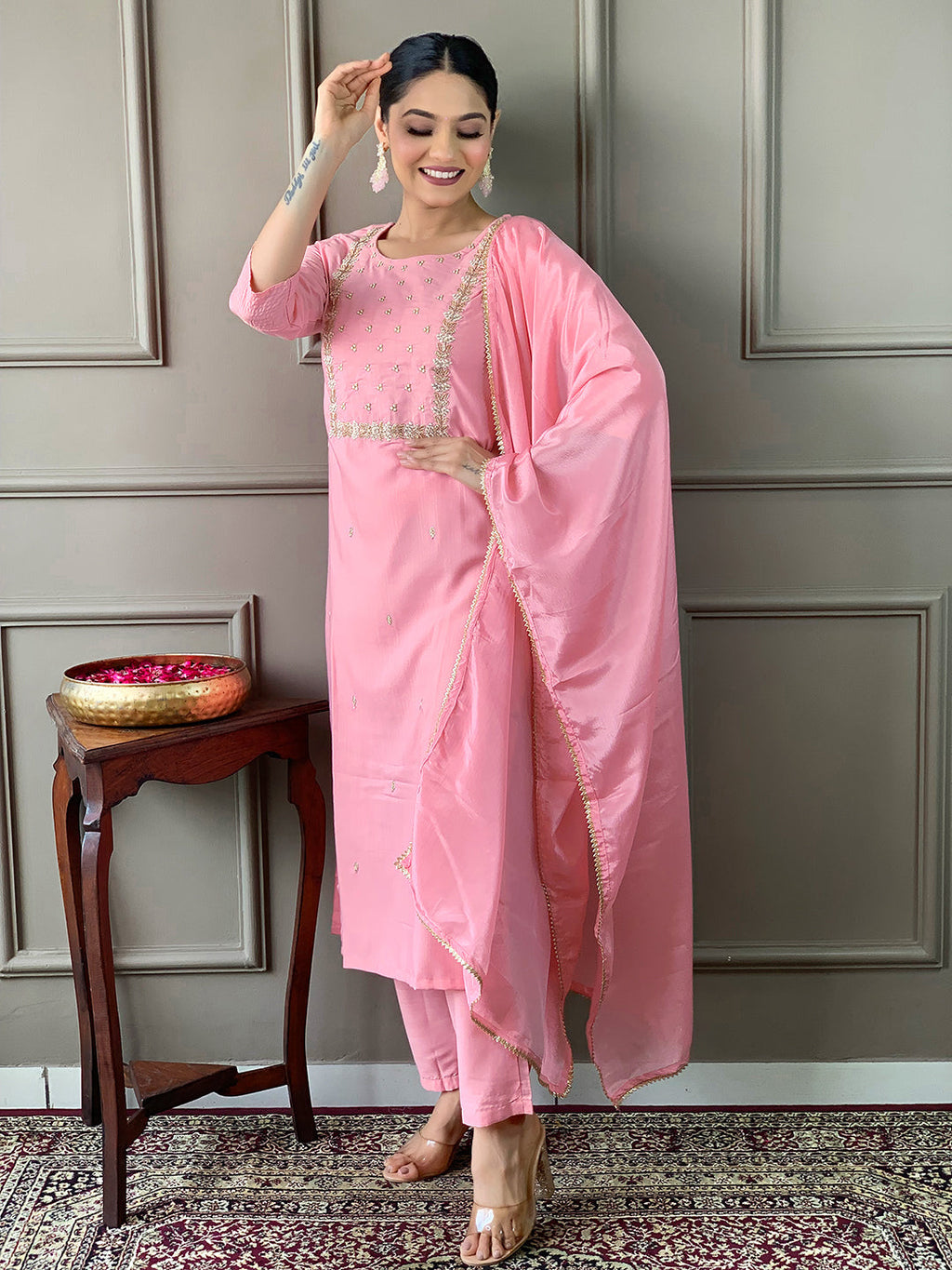 Teeya Creation Baby Pink Color Rayon Slub Embroidery Work Fully Stitched Kurti Set | Grocsy
