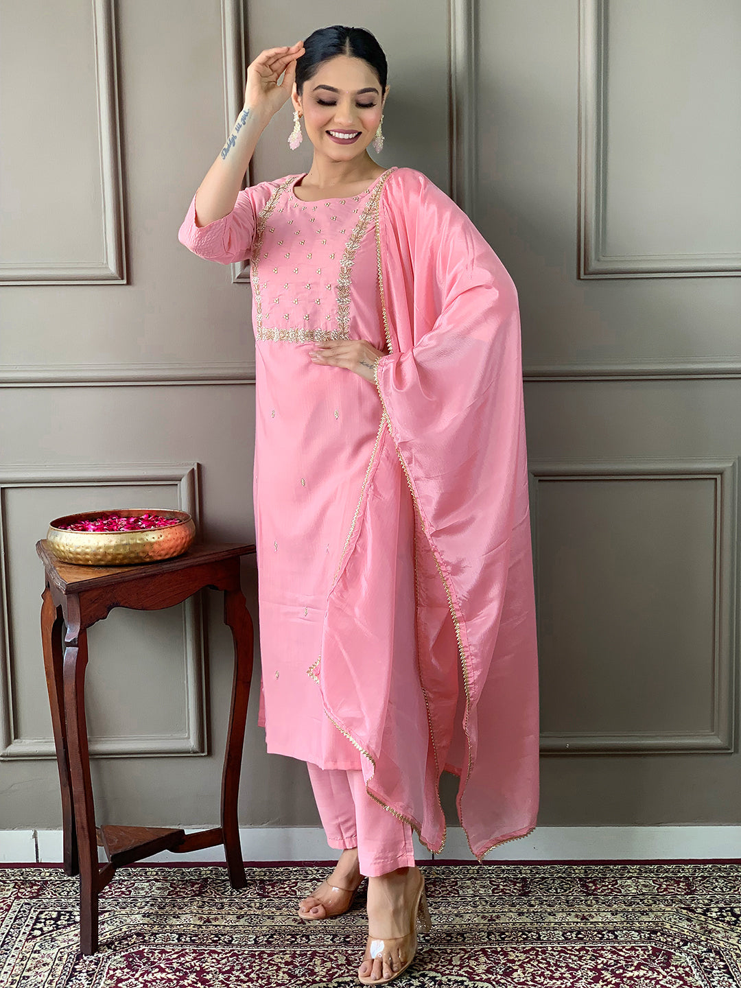 Teeya Creation Baby Pink Color Rayon Slub Embroidery Work Fully Stitched Kurti Set | Grocsy