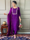 Teeya Creation Violet Color Rayon Slub Embroidery Work Fully Stitched Kurti Set | Grocsy