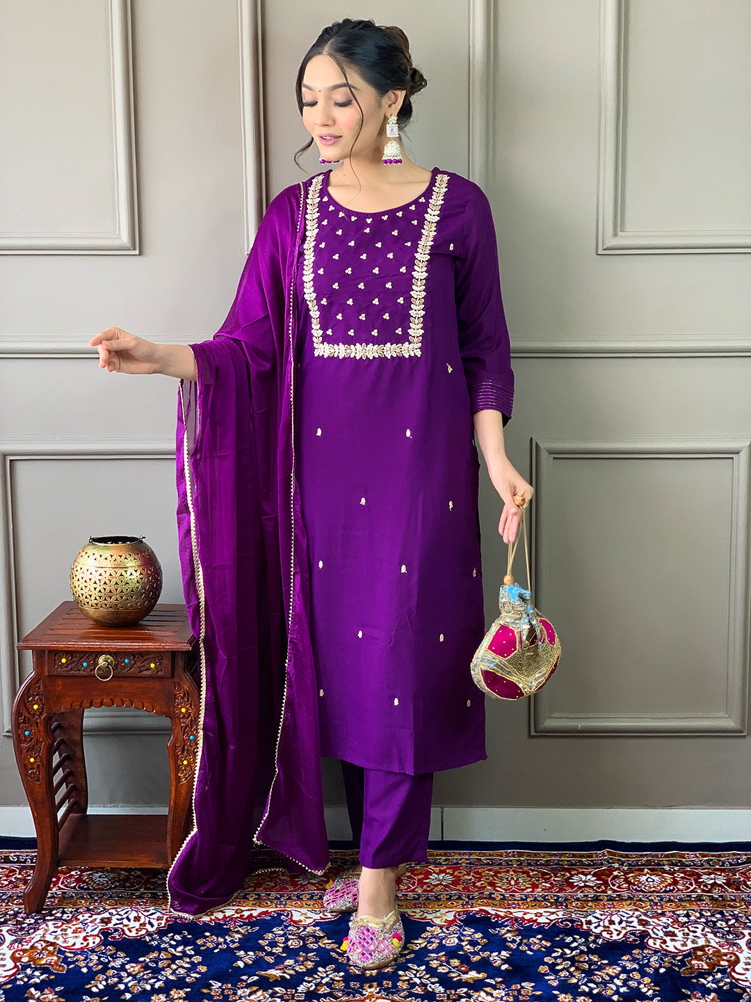 Teeya Creation Violet Color Rayon Slub Embroidery Work Fully Stitched Kurti Set | Grocsy