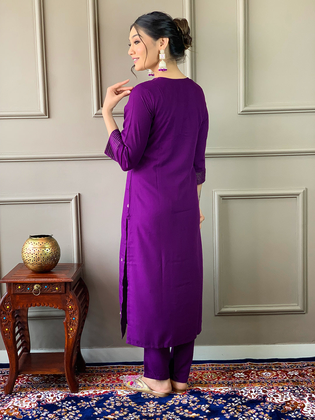 Teeya Creation Violet Color Rayon Slub Embroidery Work Fully Stitched Kurti Set | Grocsy