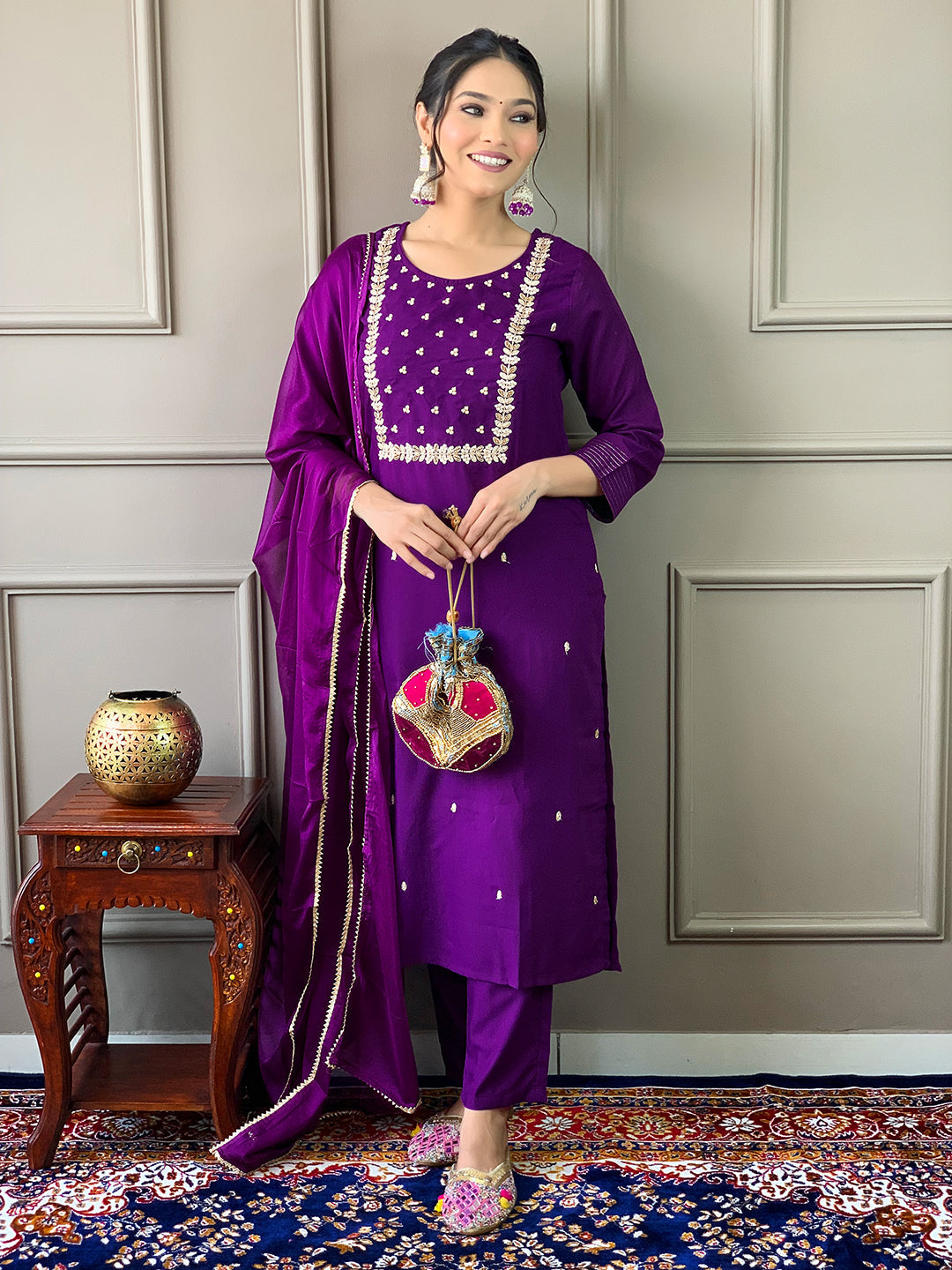 Teeya Creation Violet Color Rayon Slub Embroidery Work Fully Stitched Kurti Set | Grocsy