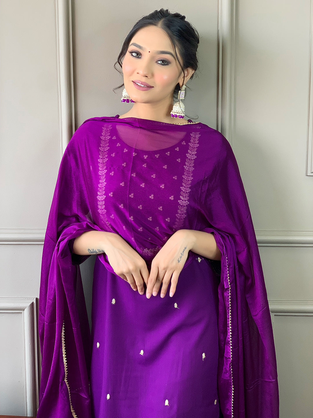 Teeya Creation Violet Color Rayon Slub Embroidery Work Fully Stitched Kurti Set | Grocsy