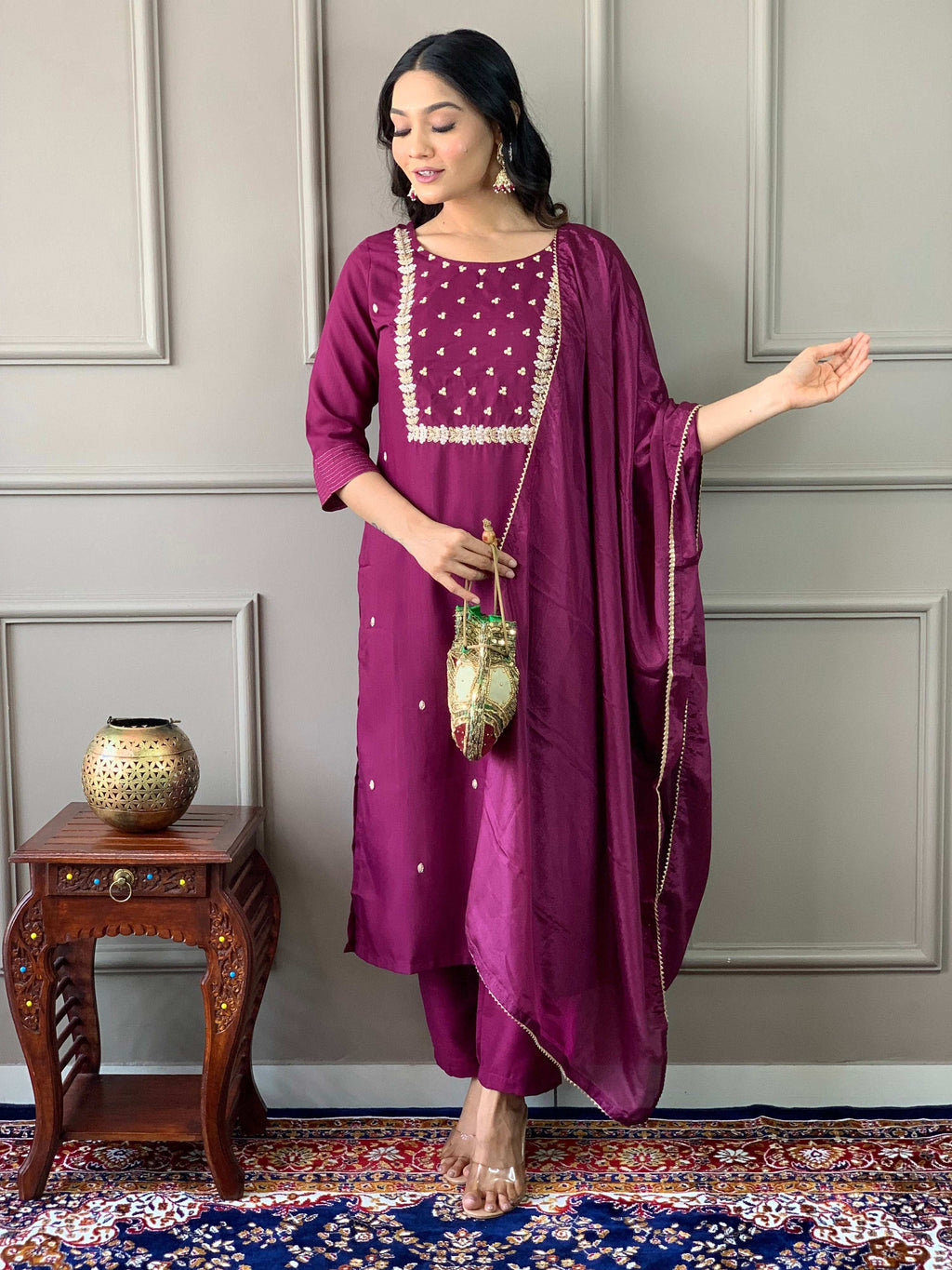 Teeya Creation Wine Color Rayon Slub Embroidery Work Fully Stitched Kurti Set | Grocsy