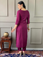 Teeya Creation Wine Color Rayon Slub Embroidery Work Fully Stitched Kurti Set | Grocsy