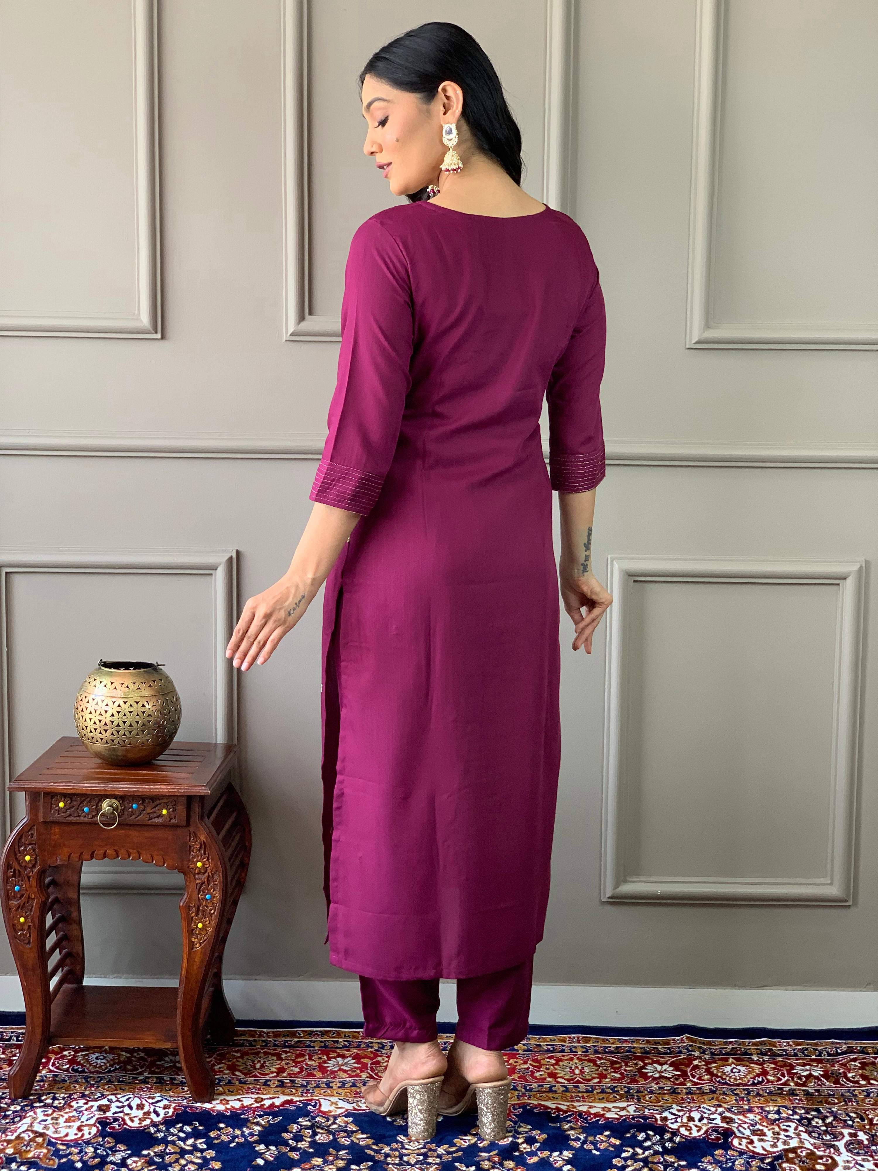 Teeya Creation Wine Color Rayon Slub Embroidery Work Fully Stitched Kurti Set | Grocsy