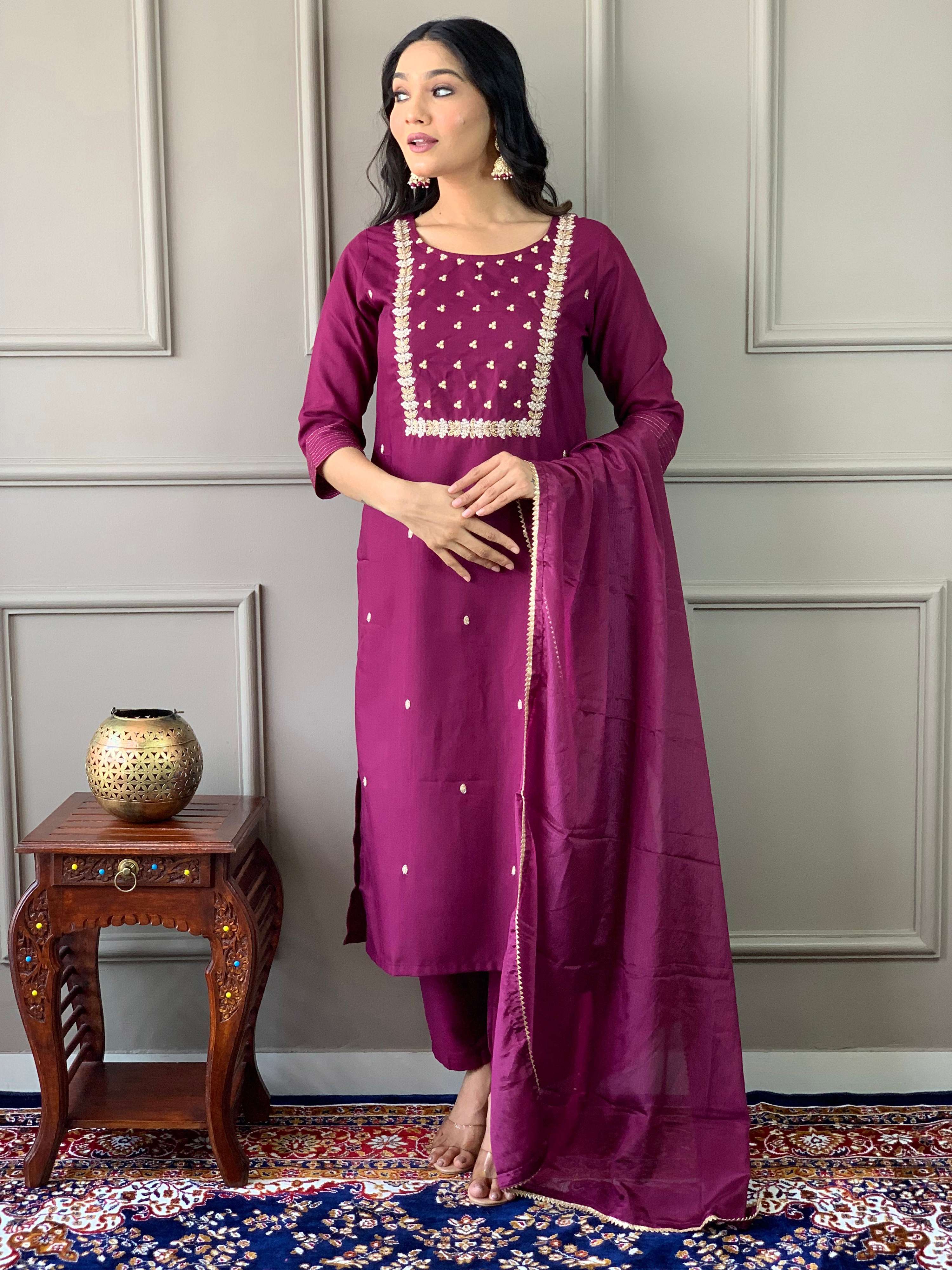 Teeya Creation Wine Color Rayon Slub Embroidery Work Fully Stitched Kurti Set | Grocsy