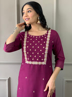 Teeya Creation Wine Color Rayon Slub Embroidery Work Fully Stitched Kurti Set | Grocsy