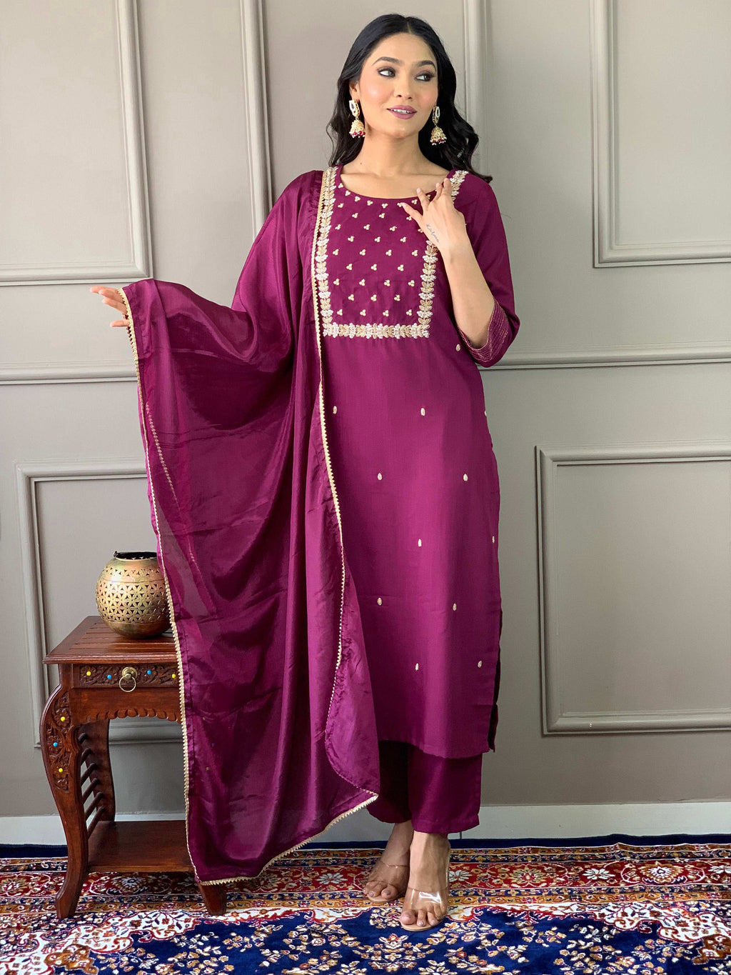 Teeya Creation Wine Color Rayon Slub Embroidery Work Fully Stitched Kurti Set | Grocsy
