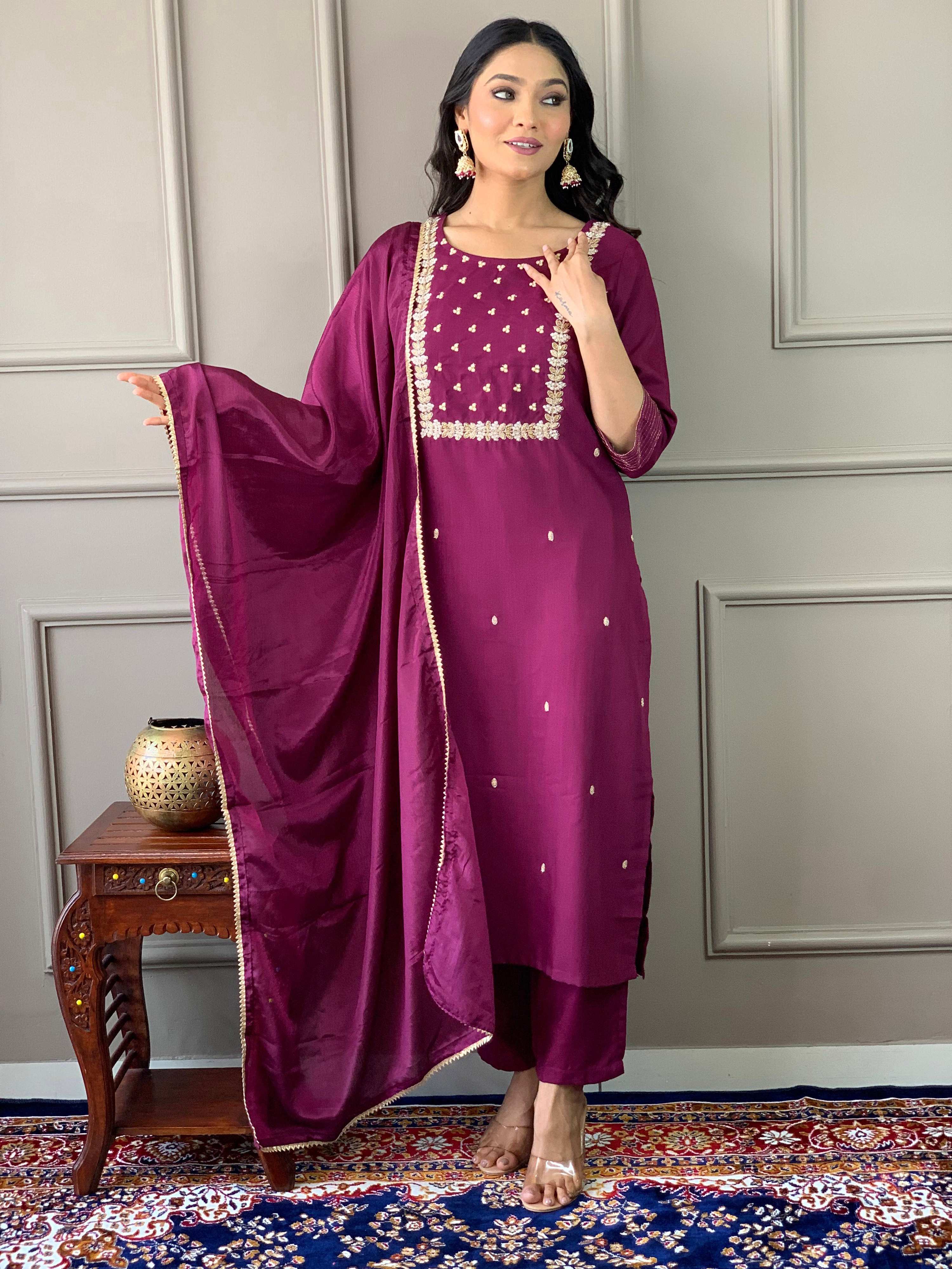 Teeya Creation Wine Color Rayon Slub Embroidery Work Fully Stitched Kurti Set | Grocsy