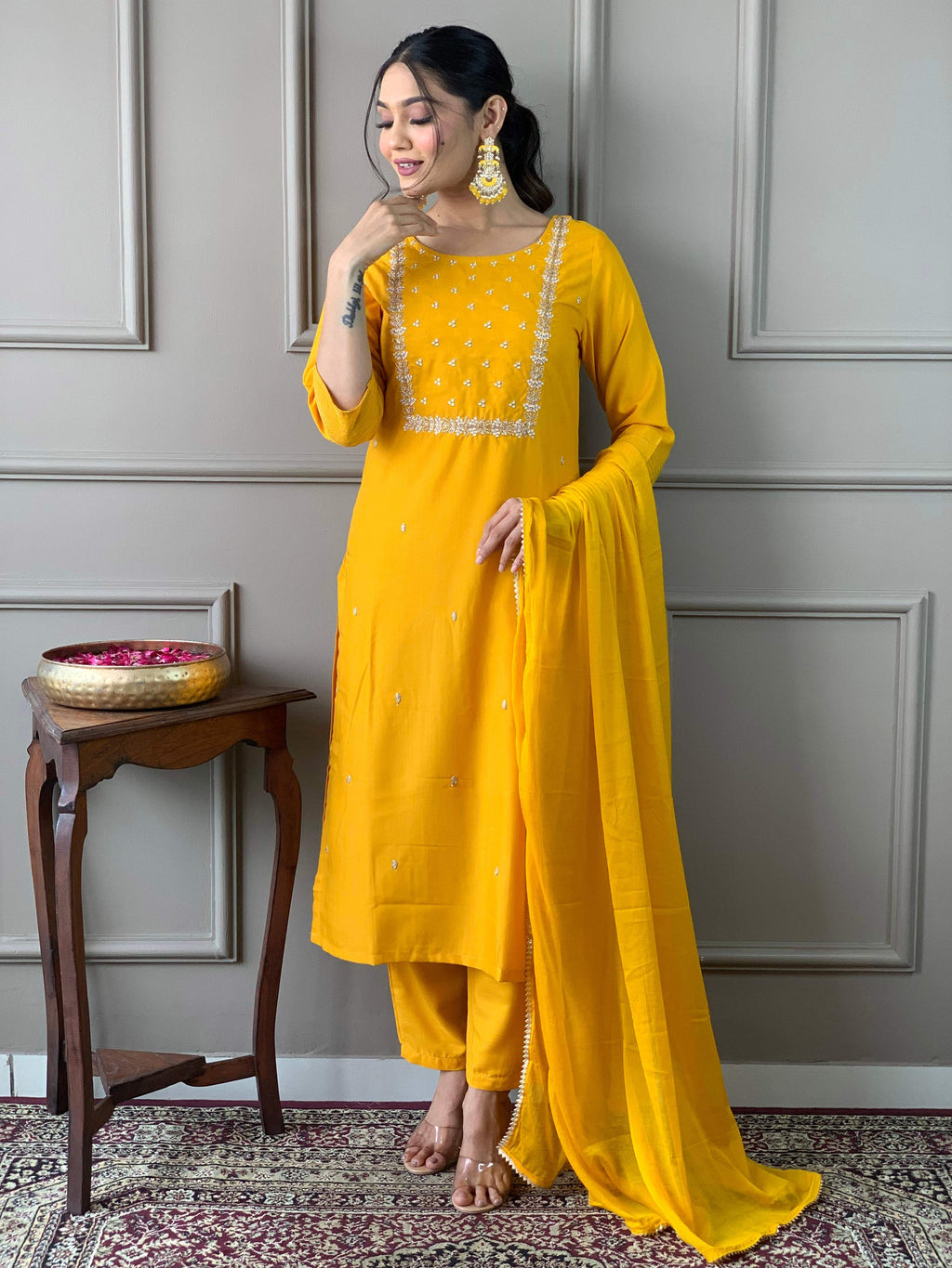 Teeya Creation Yellow Color Rayon Slub Embroidery Work Fully Stitched Kurti Set | Grocsy