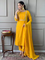Teeya Creation Yellow Color Rayon Slub Embroidery Work Fully Stitched Kurti Set | Grocsy