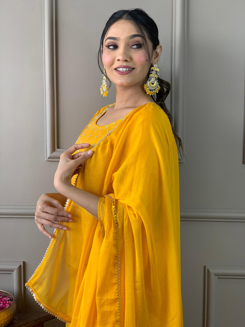 Teeya Creation Yellow Color Rayon Slub Embroidery Work Fully Stitched Kurti Set | Grocsy