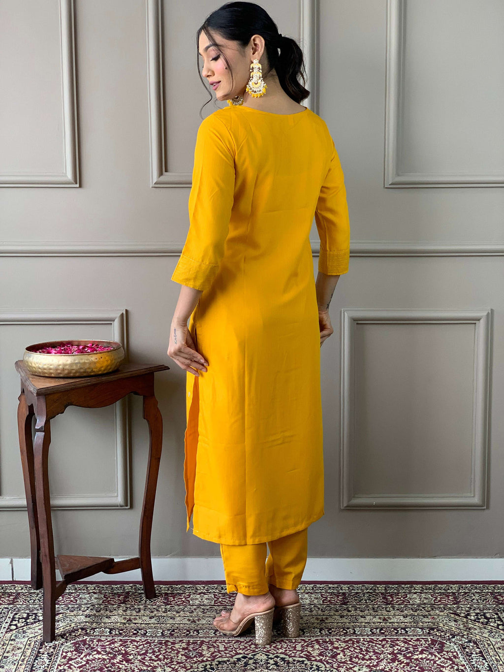 Teeya Creation Yellow Color Rayon Slub Embroidery Work Fully Stitched Kurti Set | Grocsy