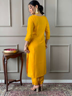 Teeya Creation Yellow Color Rayon Slub Embroidery Work Fully Stitched Kurti Set | Grocsy