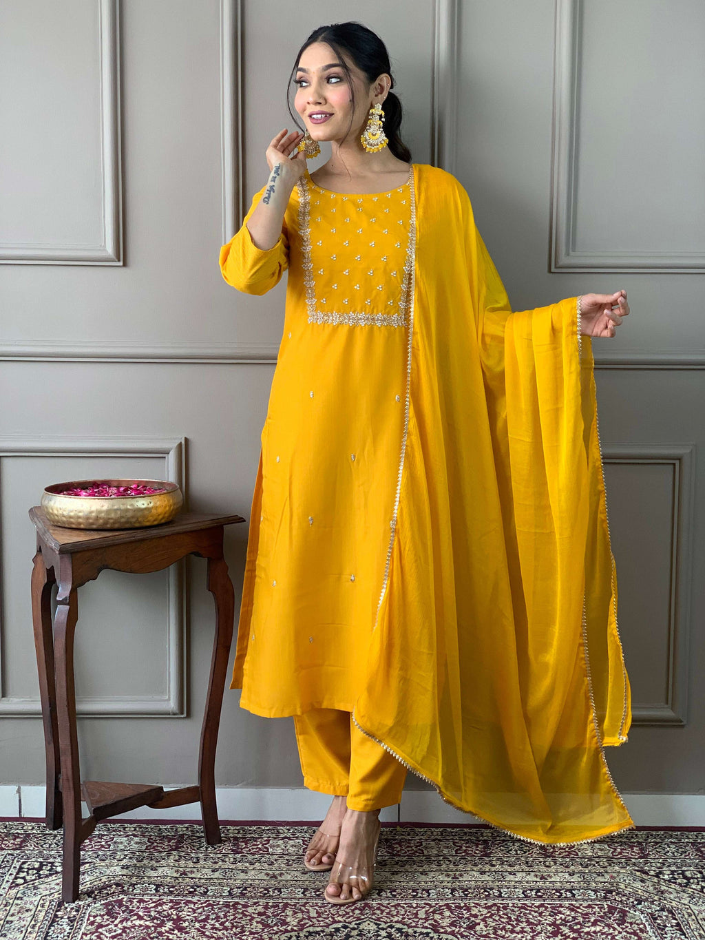 Teeya Creation Yellow Color Rayon Slub Embroidery Work Fully Stitched Kurti Set | Grocsy