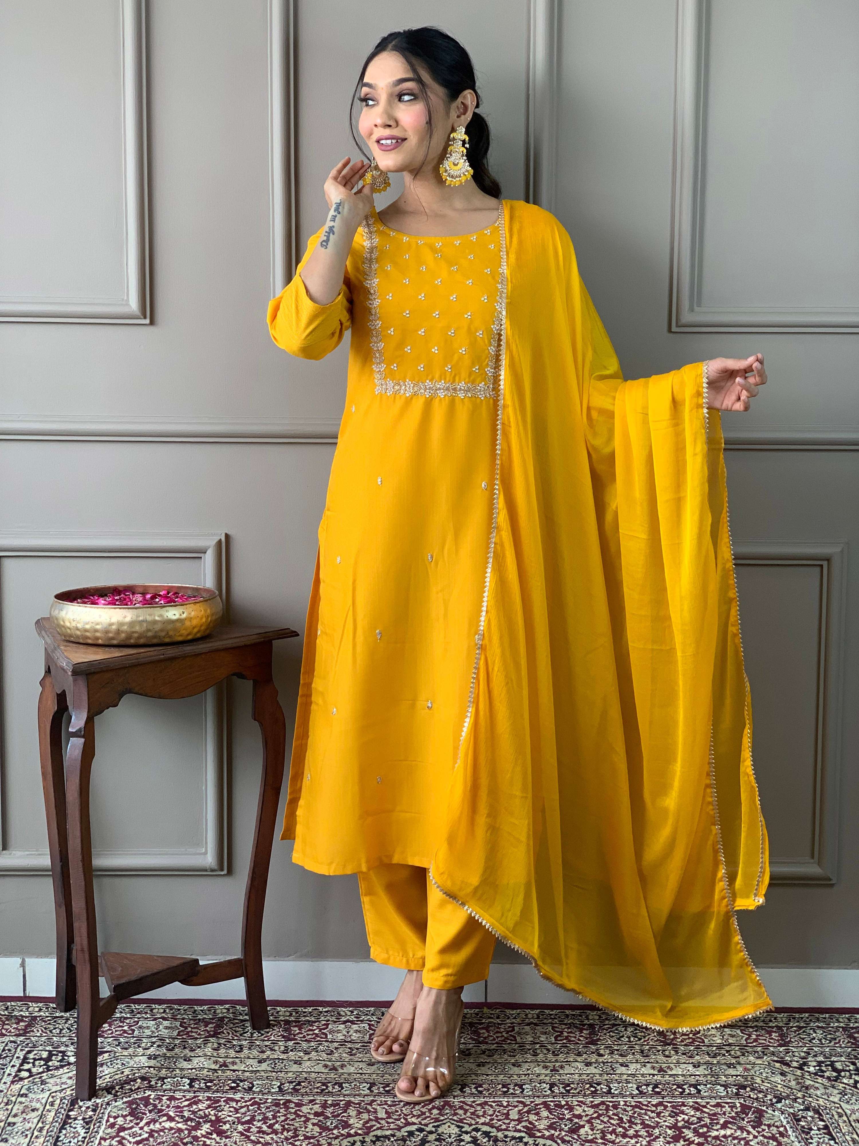 Teeya Creation Yellow Color Rayon Slub Embroidery Work Fully Stitched Kurti Set | Grocsy