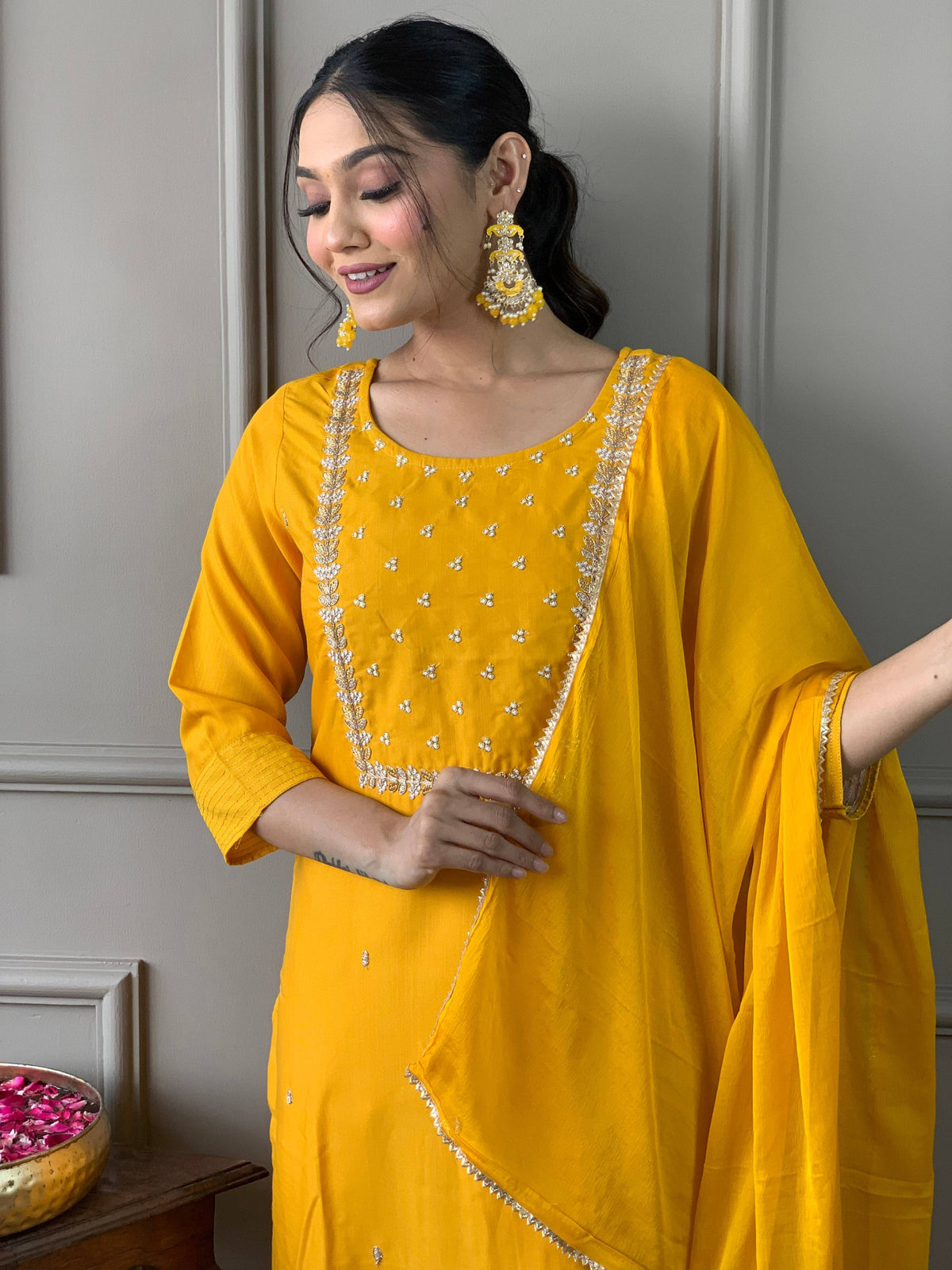 Teeya Creation Yellow Color Rayon Slub Embroidery Work Fully Stitched Kurti Set | Grocsy