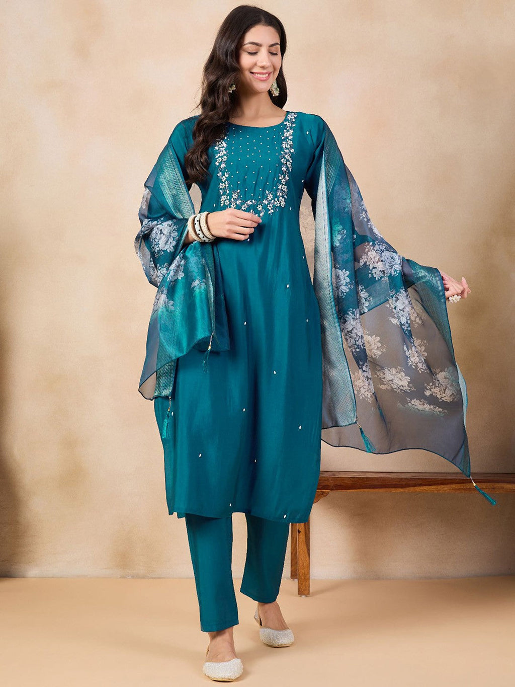 Teeya Creation More Peach Color Viscose Chanderi Embroidery Work Fully Stitched Kurti Set | Grocsy