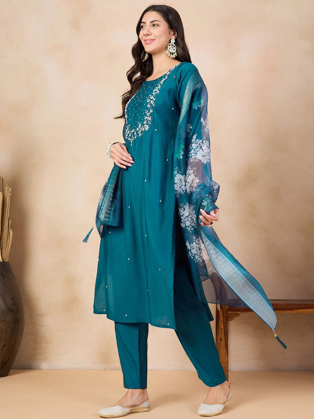 Teeya Creation More Peach Color Viscose Chanderi Embroidery Work Fully Stitched Kurti Set | Grocsy