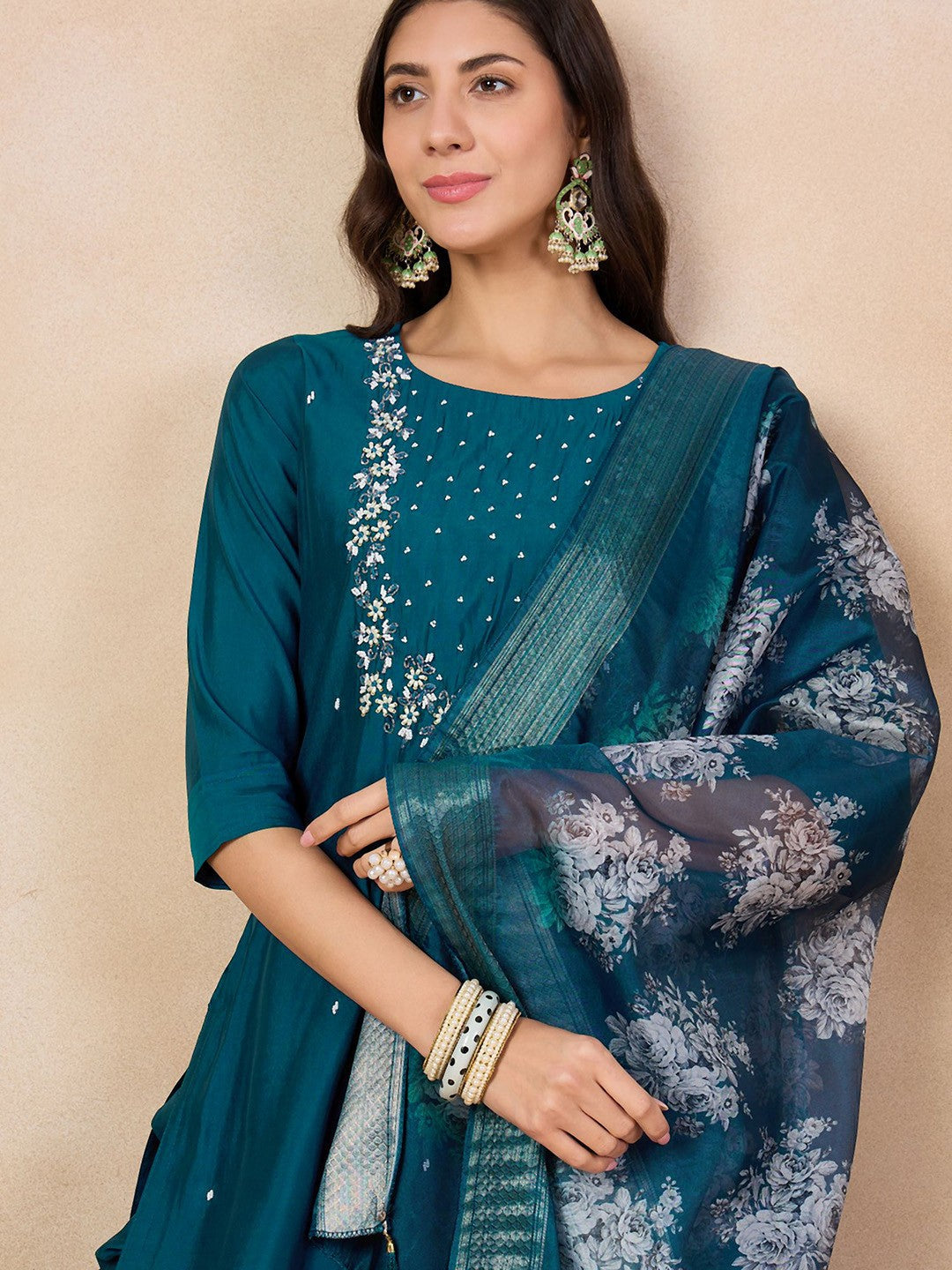 Teeya Creation More Peach Color Viscose Chanderi Embroidery Work Fully Stitched Kurti Set | Grocsy