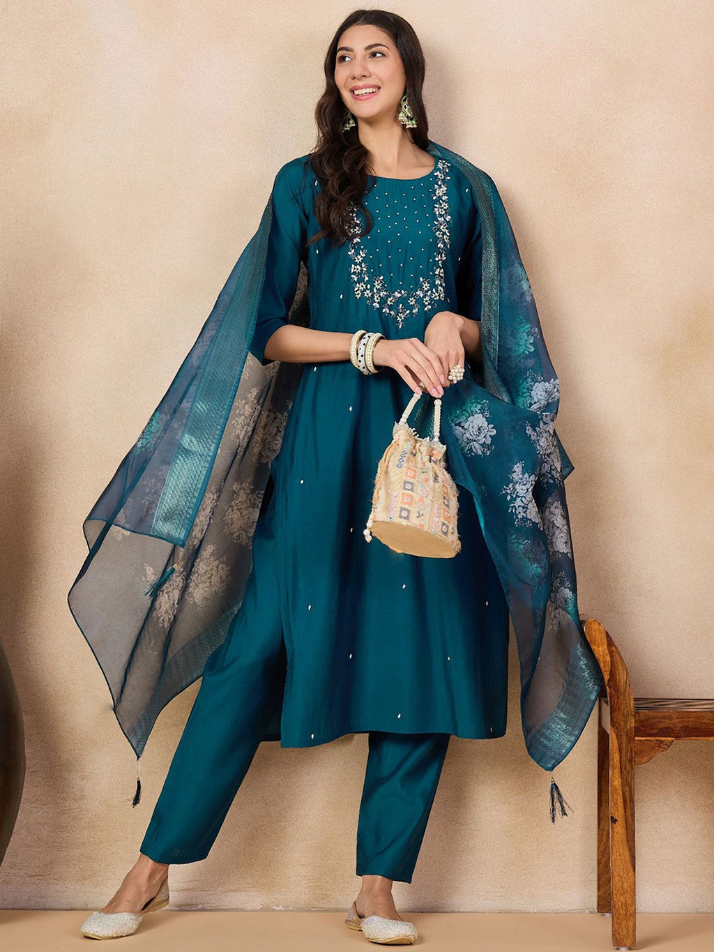 Teeya Creation More Peach Color Viscose Chanderi Embroidery Work Fully Stitched Kurti Set | Grocsy